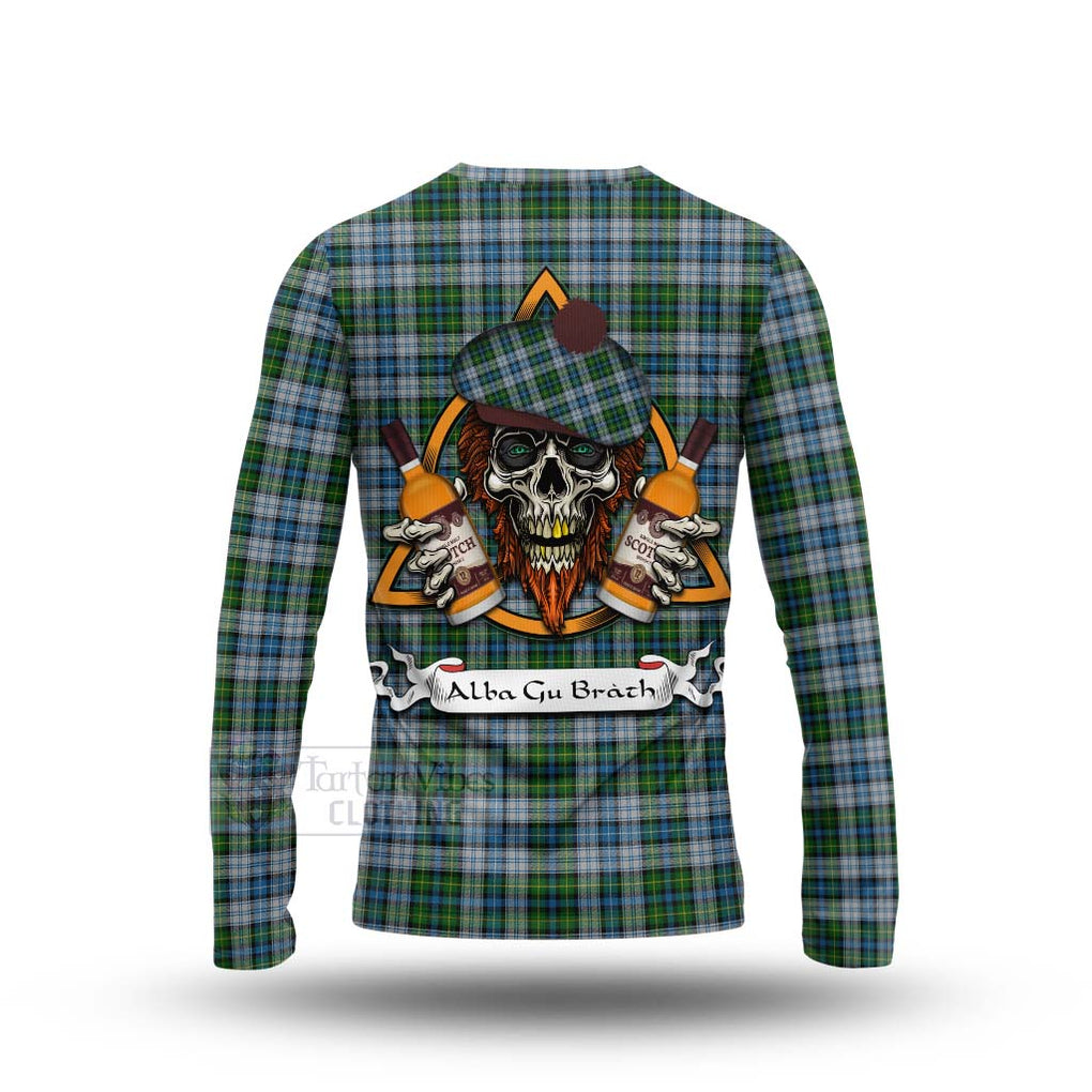 Tartan Vibes Clothing MacNeil (McNeil) Tartan Long Sleeve T-Shirt with Family Crest and Bearded Skull Holding Bottles of Whiskey