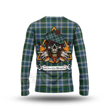 MacNeil (McNeil) Tartan Long Sleeve T-Shirt with Family Crest and Bearded Skull Holding Bottles of Whiskey