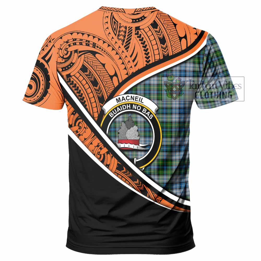 Tartan Vibes Clothing MacNeil (McNeil) Crest Tartan T-Shirt with Maori Tattoo Style - Orange Version