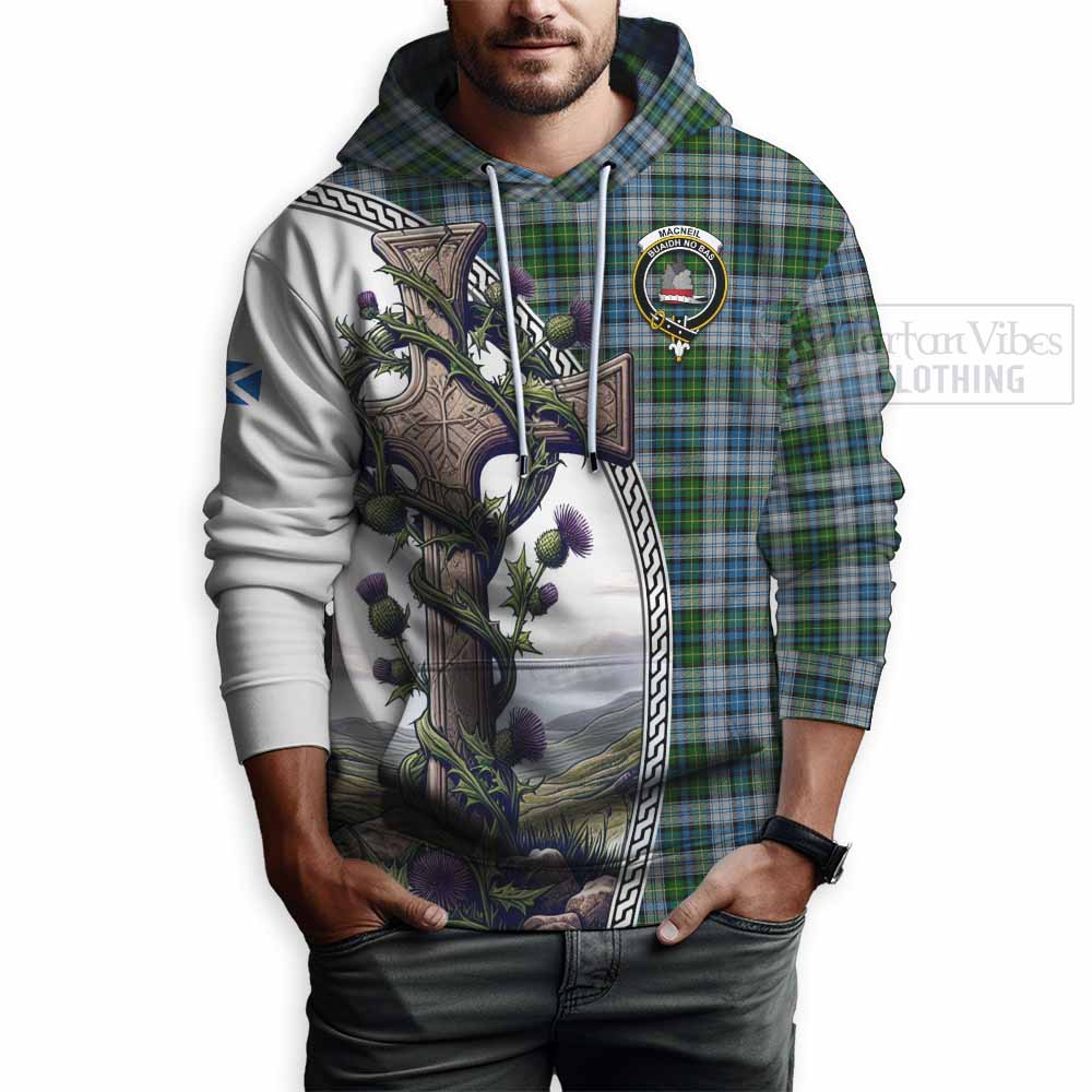 Tartan Vibes Clothing MacNeil (McNeil) Tartan Hoodie with Family Crest and St. Andrew's Cross Accented by Thistle Vines