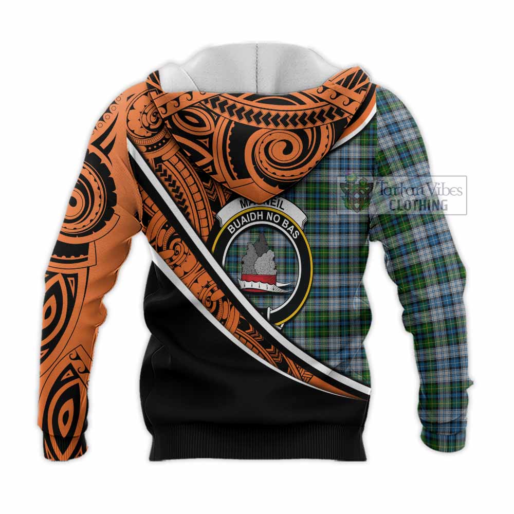 Tartan Vibes Clothing MacNeil (McNeil) Crest Tartan Knitted Hoodie with Maori Tattoo Style - Orange Version