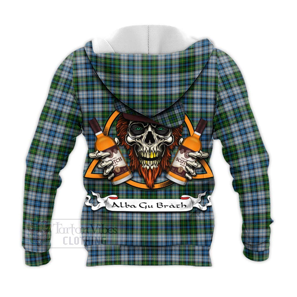 Tartan Vibes Clothing MacNeil (McNeil) Tartan Knitted Hoodie with Family Crest and Bearded Skull Holding Bottles of Whiskey