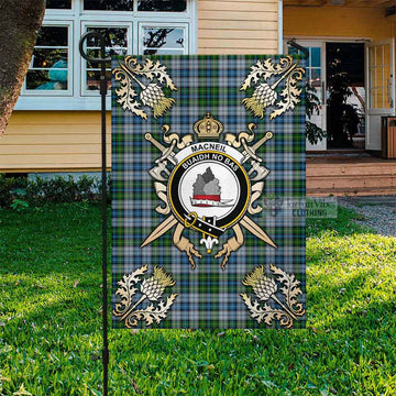 MacNeil (McNeil) Tartan Flag with Family Crest and Golden Thistle Crossed Sword Design