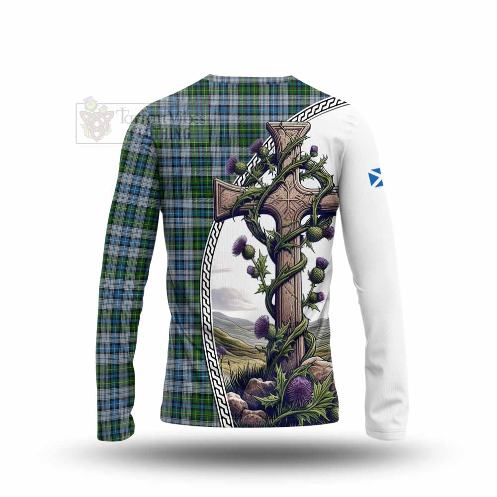 Tartan Vibes Clothing MacNeil (McNeil) Tartan Long Sleeve T-Shirt with Family Crest and St. Andrew's Cross Accented by Thistle Vines