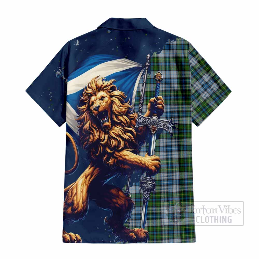 Tartan Vibes Clothing MacNeil (McNeil) Tartan Family Crest Short Sleeve Button Shirt with Scottish Majestic Lion