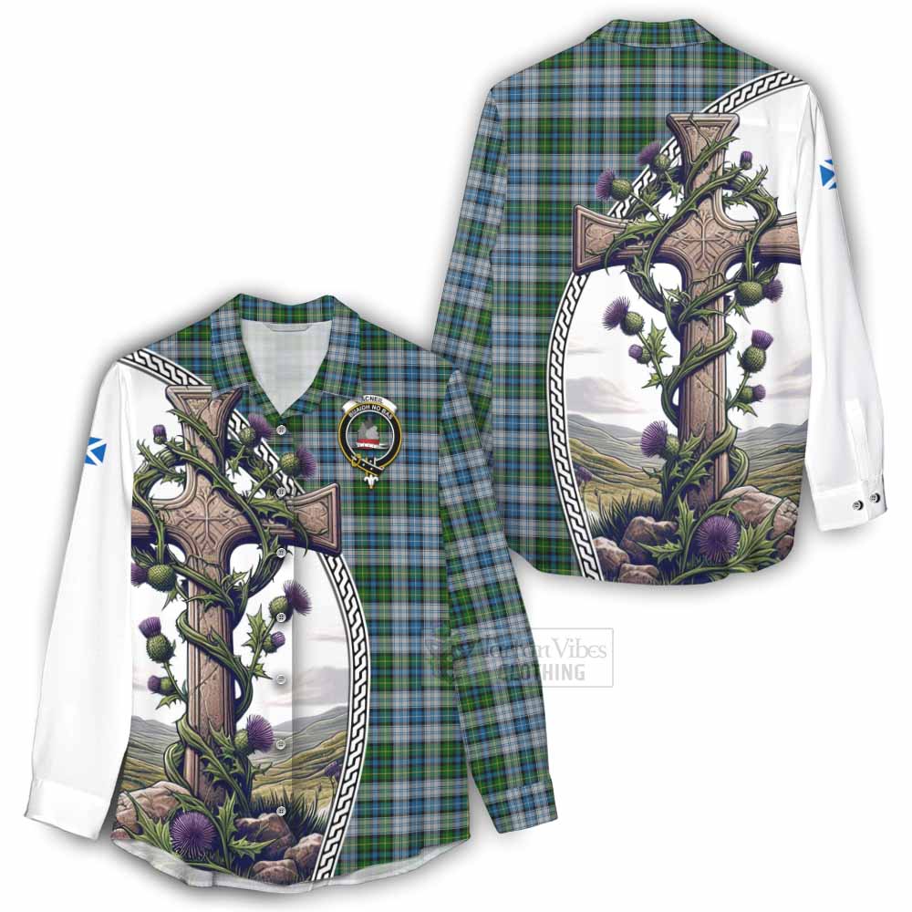 Tartan Vibes Clothing MacNeil (McNeil) Tartan Women's Casual Shirt with Family Crest and St. Andrew's Cross Accented by Thistle Vines