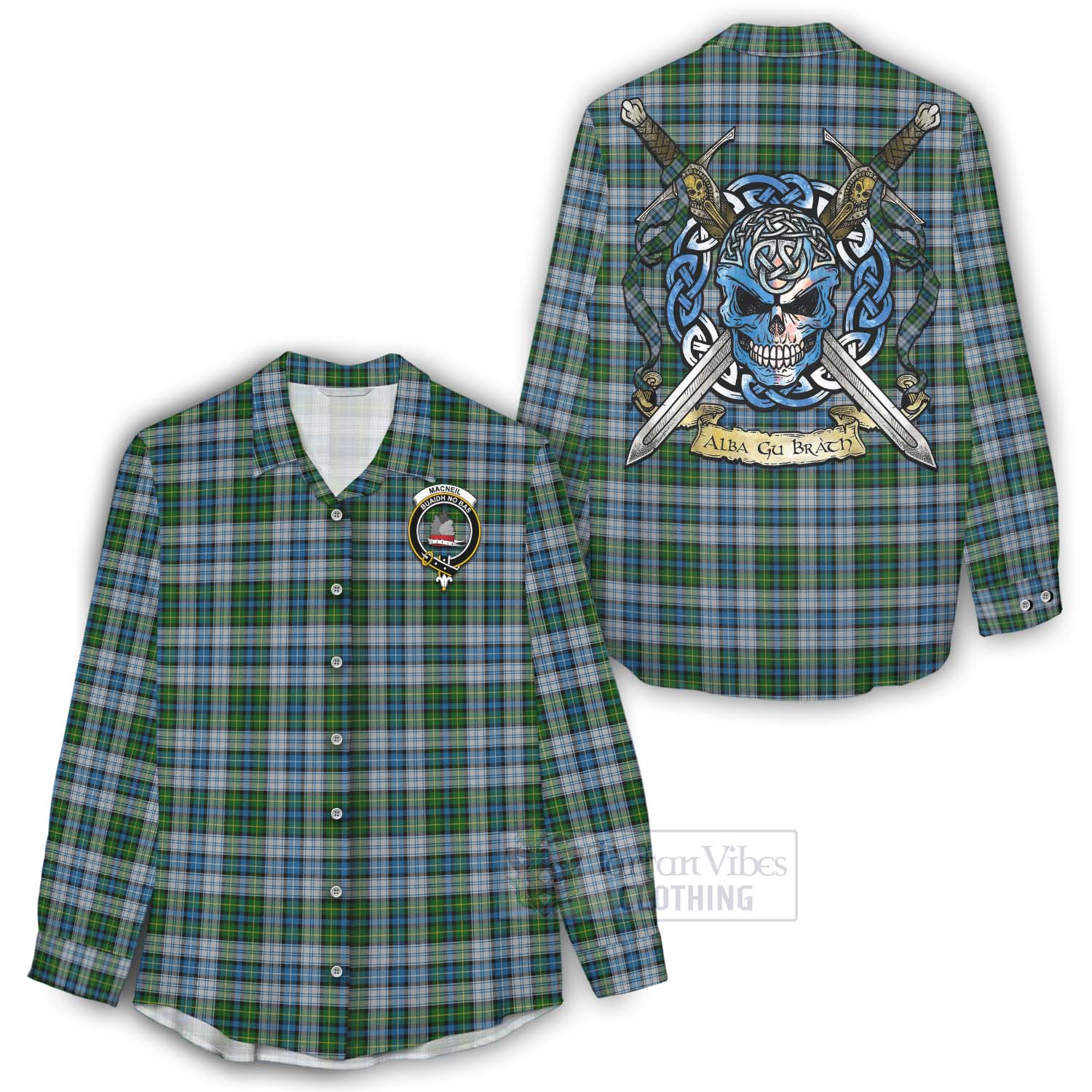 Tartan Vibes Clothing MacNeil (McNeil) Tartan Women's Casual Shirt with Family Crest Celtic Skull Style