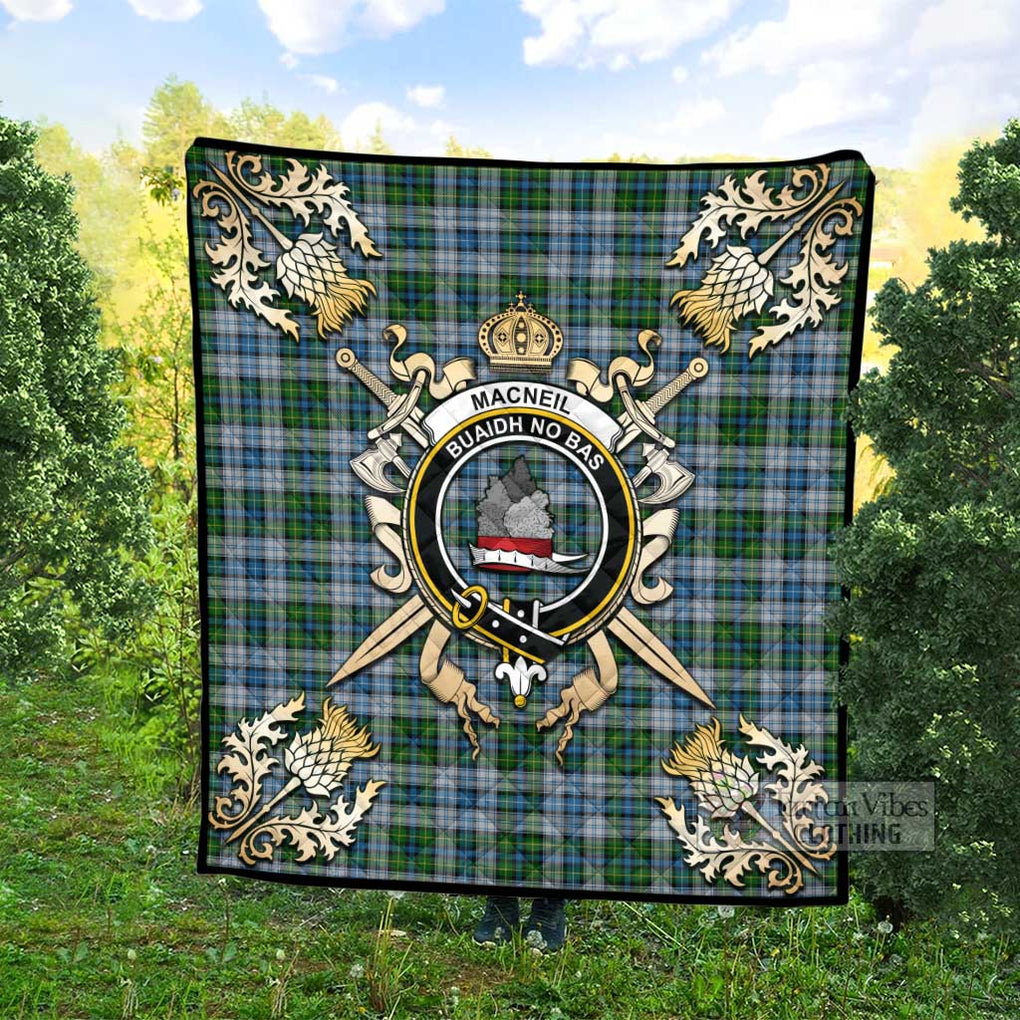 Tartan Vibes Clothing MacNeil (McNeil) Tartan Quilt with Family Crest and Scottish Golden Courage Shield