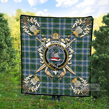 MacNeil (McNeil) Tartan Quilt with Family Crest and Golden Thistle Crossed Sword Design