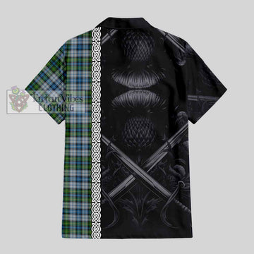 MacNeil (McNeil) Tartan Short Sleeve Button Shirt with Family Crest Cross Sword Thistle Celtic Vibes