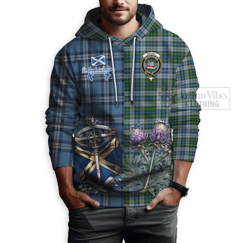 Tartan Vibes Clothing MacNeil (McNeil) Tartan Hoodie Happy St. Andrew's Day Half Tartan Style