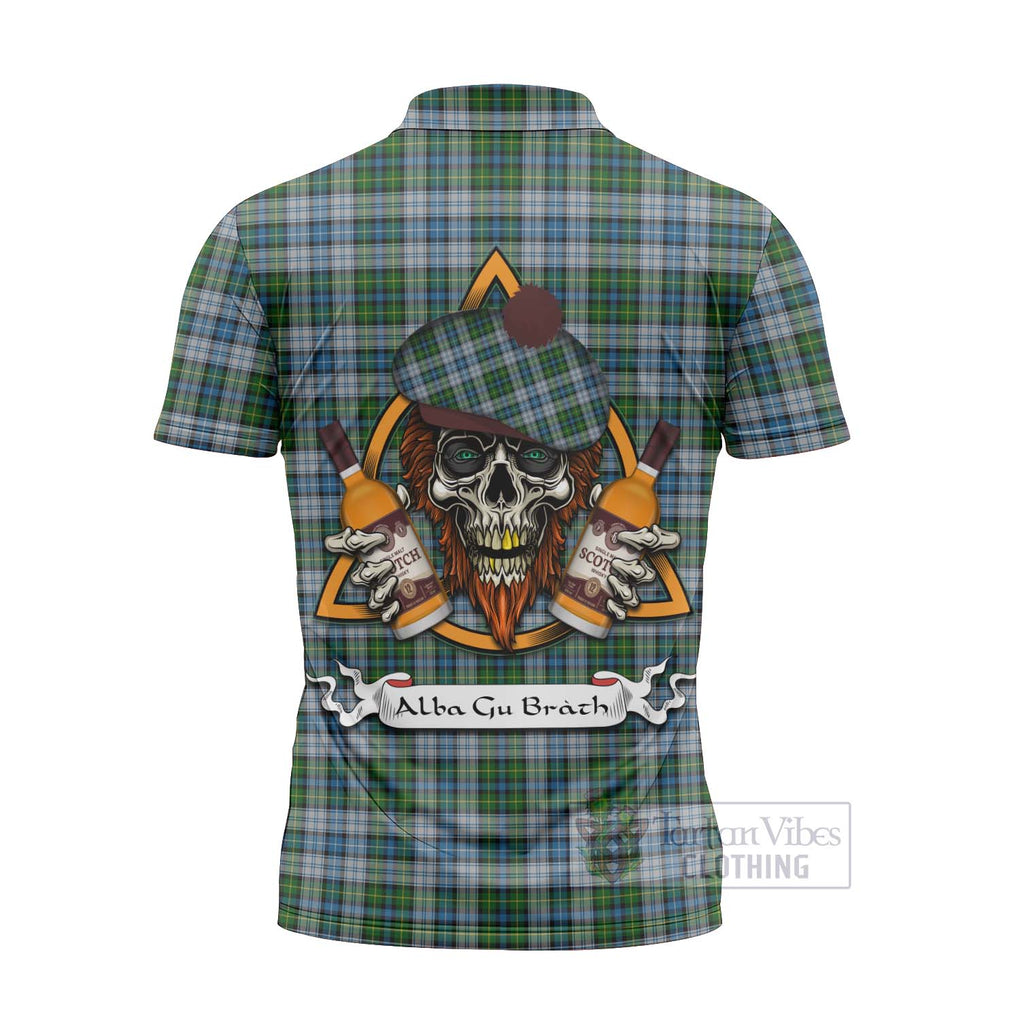 Tartan Vibes Clothing MacNeil (McNeil) Tartan Zipper Polo Shirt with Family Crest and Bearded Skull Holding Bottles of Whiskey