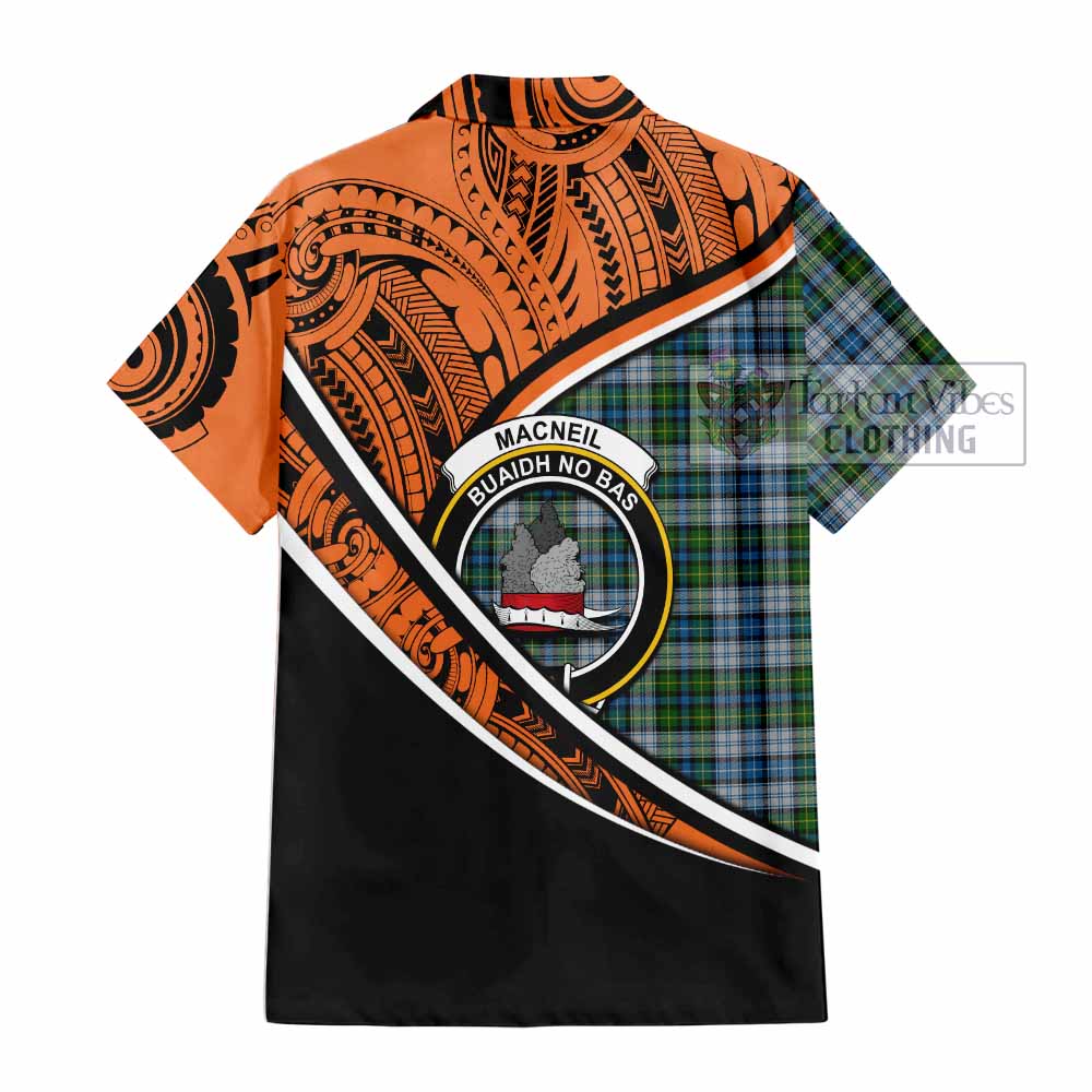 Tartan Vibes Clothing MacNeil (McNeil) Crest Tartan Short Sleeve Button Shirt with Maori Tattoo Style - Orange Version