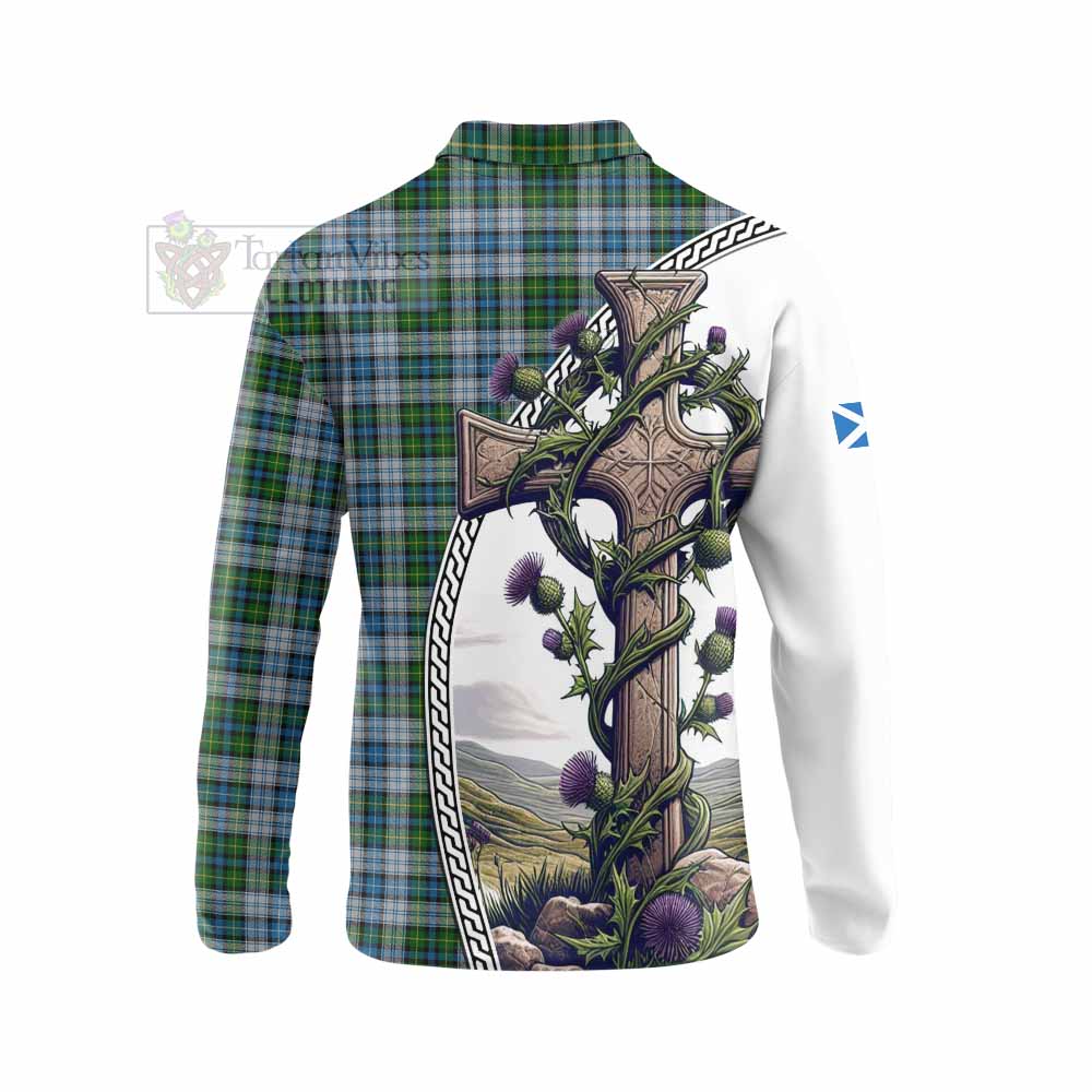 Tartan Vibes Clothing MacNeil (McNeil) Tartan Long Sleeve Polo Shirt with Family Crest and St. Andrew's Cross Accented by Thistle Vines