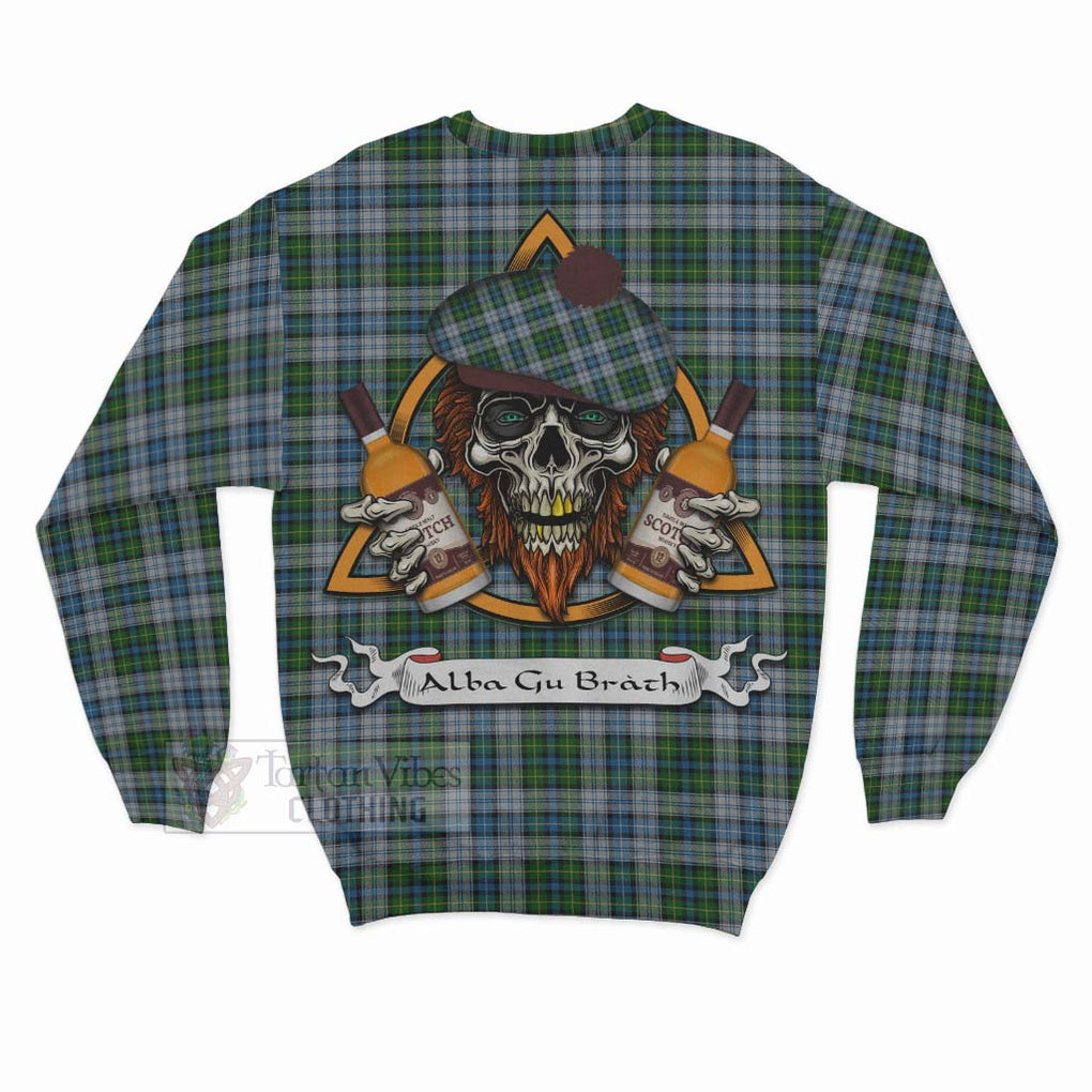 Tartan Vibes Clothing MacNeil (McNeil) Tartan Sweatshirt with Family Crest and Bearded Skull Holding Bottles of Whiskey