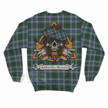 MacNeil (McNeil) Tartan Sweatshirt with Family Crest and Bearded Skull Holding Bottles of Whiskey