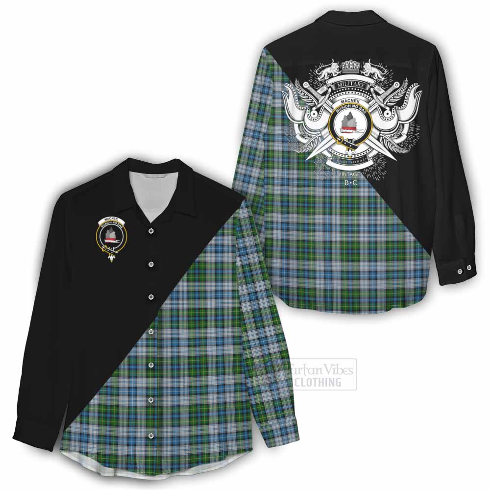 Tartan Vibes Clothing MacNeil (McNeil) Tartan Women's Casual Shirt with Family Crest and Military Logo Style