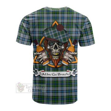 MacNeil (McNeil) Tartan Cotton T-shirt with Family Crest and Bearded Skull Holding Bottles of Whiskey