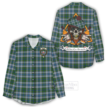 MacNeil (McNeil) Tartan Women's Casual Shirt with Family Crest and Bearded Skull Holding Bottles of Whiskey