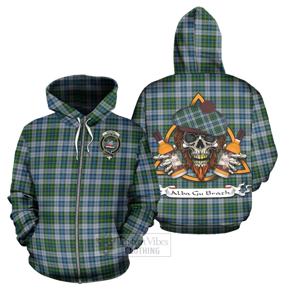 Tartan Vibes Clothing MacNeil (McNeil) Tartan Hoodie with Family Crest and Bearded Skull Holding Bottles of Whiskey