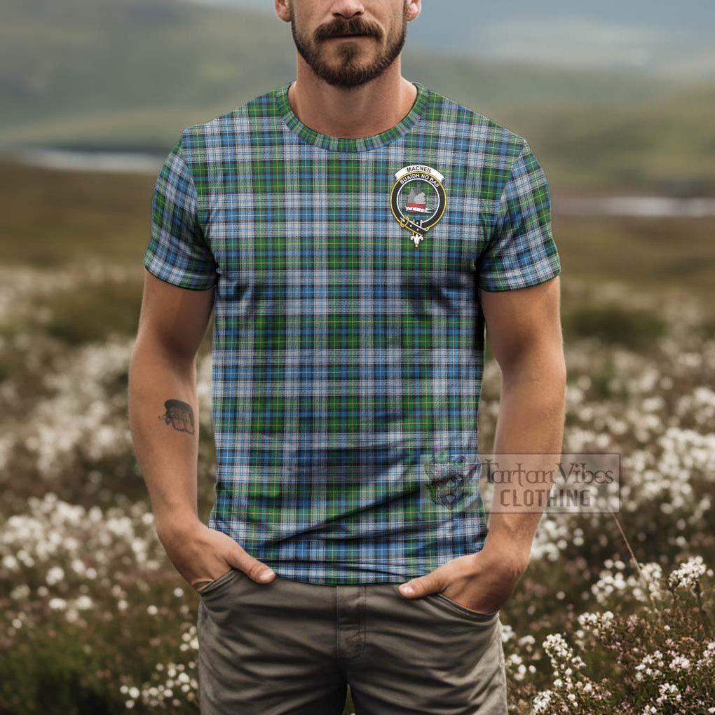 Tartan Vibes Clothing MacNeil (McNeil) Tartan T-Shirt with Family Crest and Bearded Skull Holding Bottles of Whiskey