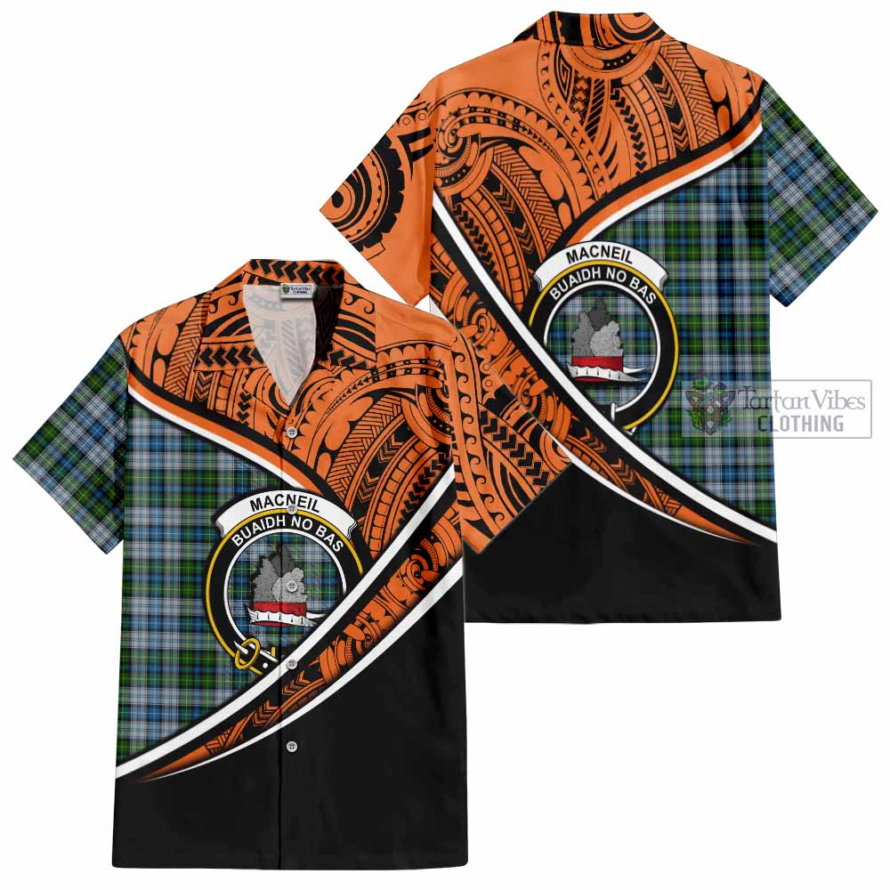 Tartan Vibes Clothing MacNeil (McNeil) Crest Tartan Short Sleeve Button Shirt with Maori Tattoo Style - Orange Version