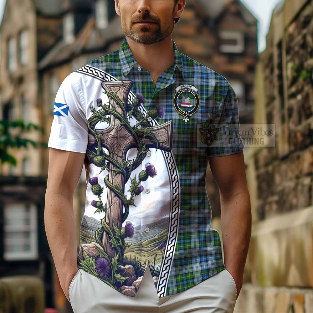 Tartan Vibes Clothing MacNeil (McNeil) Tartan Short Sleeve Button Shirt with Family Crest and St. Andrew's Cross Accented by Thistle Vines