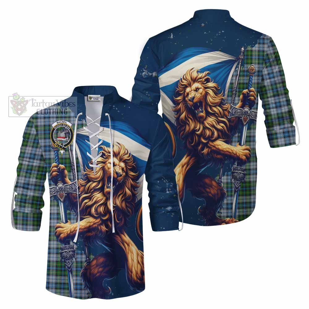 Tartan Vibes Clothing MacNeil (McNeil) Tartan Family Crest Ghillie Kilt Shirt with Scottish Majestic Lion