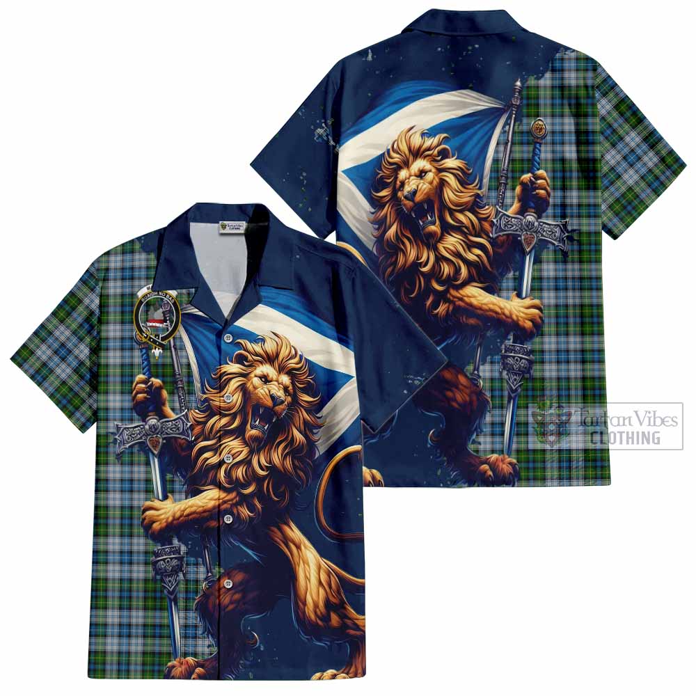 Tartan Vibes Clothing MacNeil (McNeil) Tartan Family Crest Short Sleeve Button Shirt with Scottish Majestic Lion