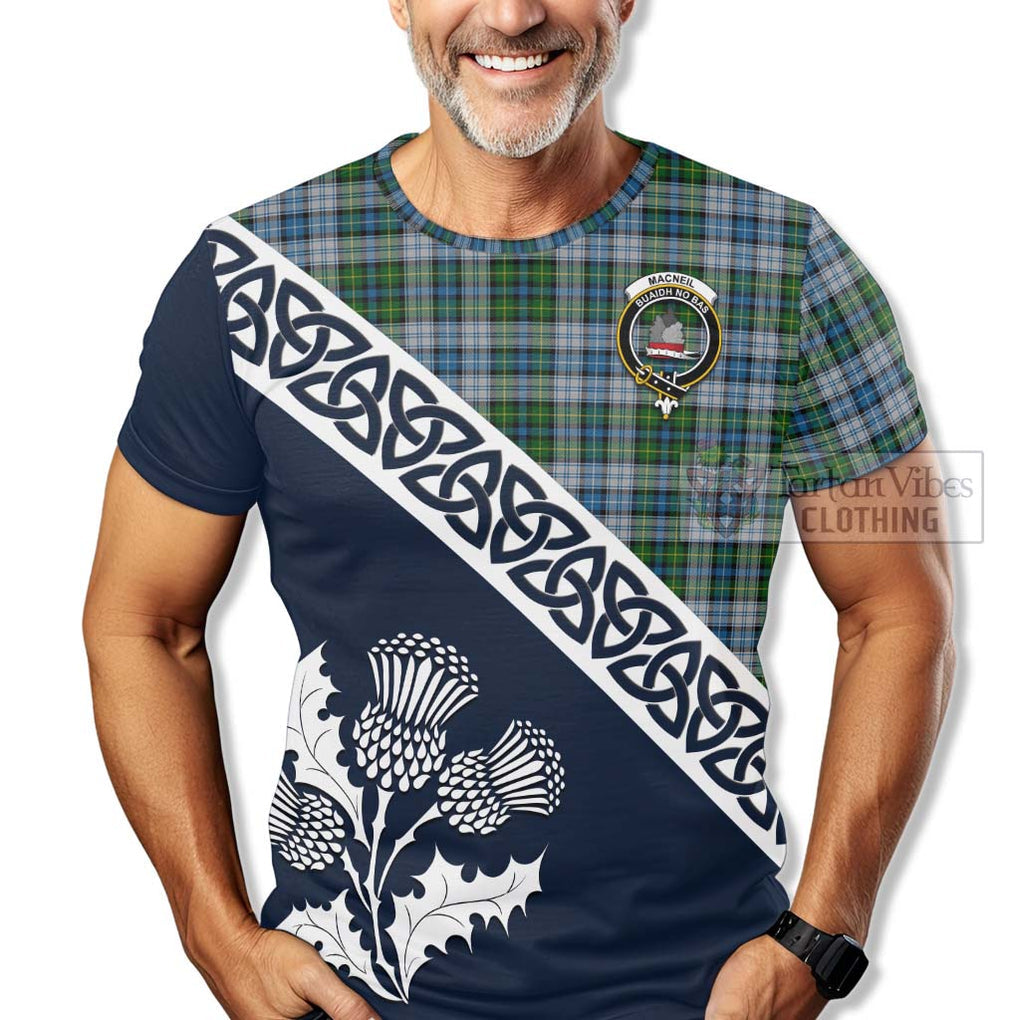 MacNeil (McNeil) Tartan T-Shirt Featuring Thistle and Scotland Map