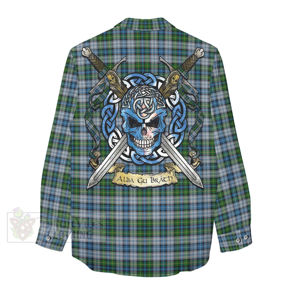 Tartan Vibes Clothing MacNeil (McNeil) Tartan Women's Casual Shirt with Family Crest Celtic Skull Style