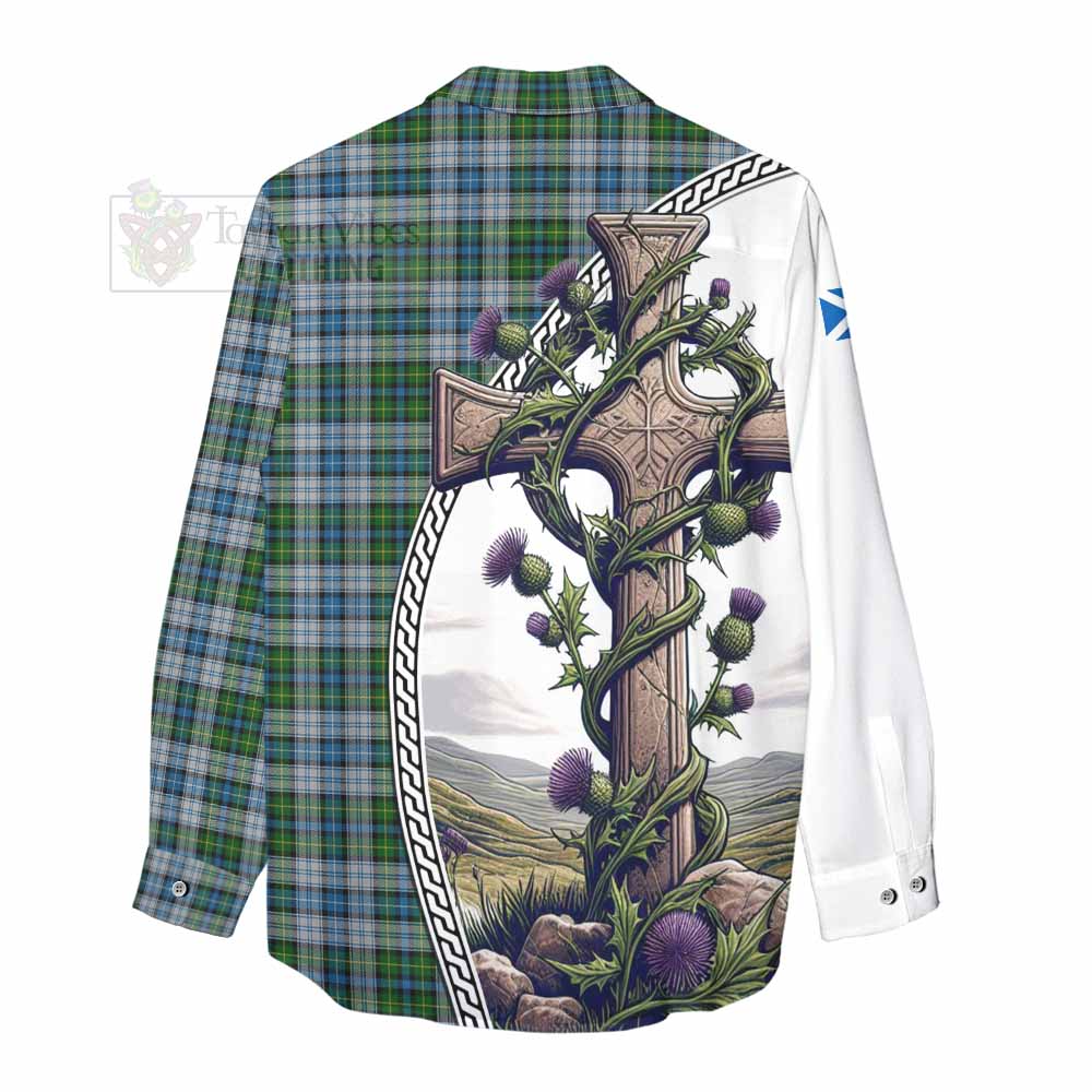 Tartan Vibes Clothing MacNeil (McNeil) Tartan Women's Casual Shirt with Family Crest and St. Andrew's Cross Accented by Thistle Vines