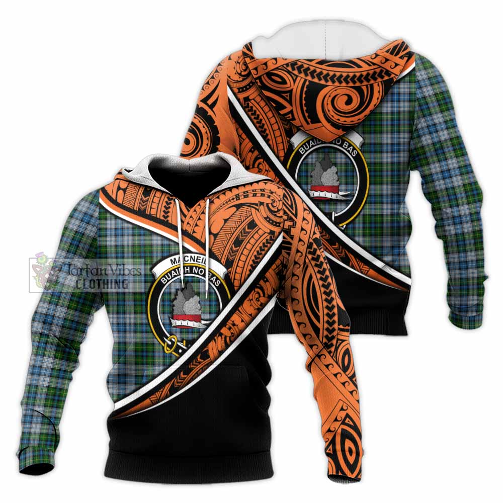 Tartan Vibes Clothing MacNeil (McNeil) Crest Tartan Knitted Hoodie with Maori Tattoo Style - Orange Version