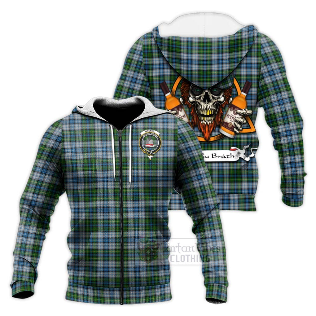 Tartan Vibes Clothing MacNeil (McNeil) Tartan Knitted Hoodie with Family Crest and Bearded Skull Holding Bottles of Whiskey