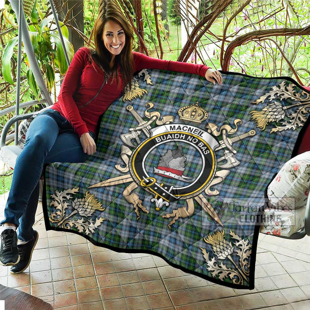 Tartan Vibes Clothing MacNeil (McNeil) Tartan Quilt with Family Crest and Scottish Golden Courage Shield