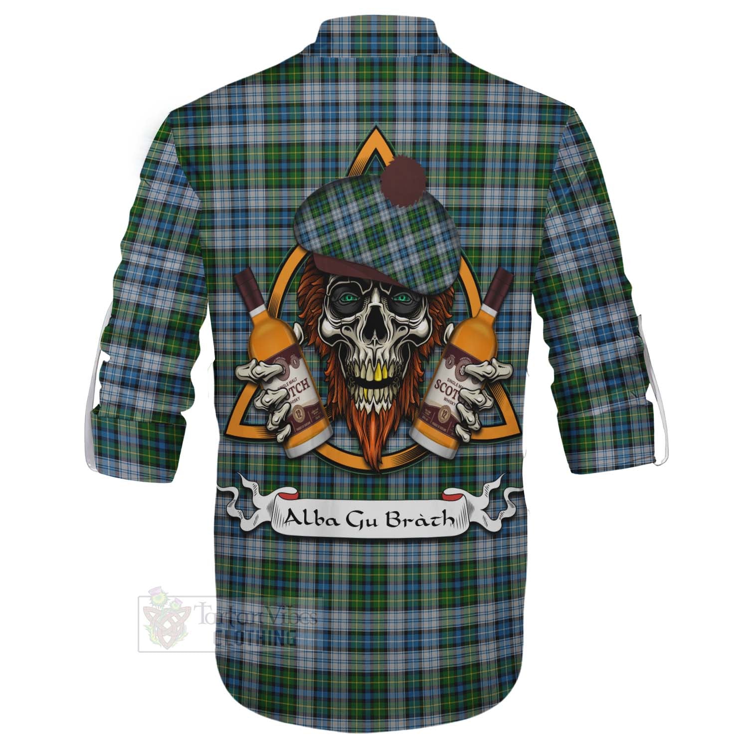 Tartan Vibes Clothing MacNeil (McNeil) Tartan Ghillie Kilt Shirt with Family Crest and Bearded Skull Holding Bottles of Whiskey