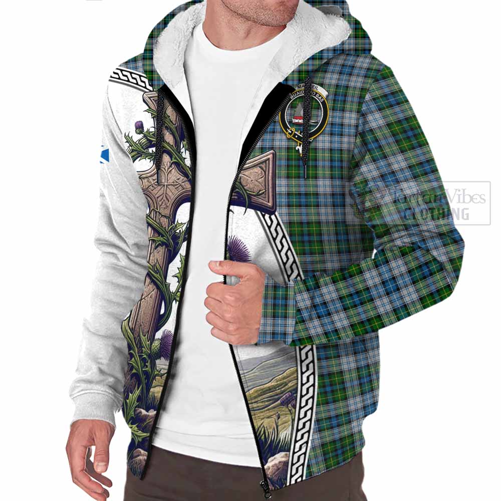 Tartan Vibes Clothing MacNeil (McNeil) Tartan Sherpa Hoodie with Family Crest and St. Andrew's Cross Accented by Thistle Vines