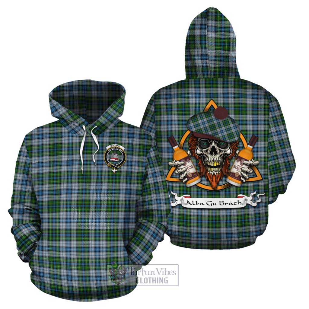 Tartan Vibes Clothing MacNeil (McNeil) Tartan Cotton Hoodie with Family Crest and Bearded Skull Holding Bottles of Whiskey