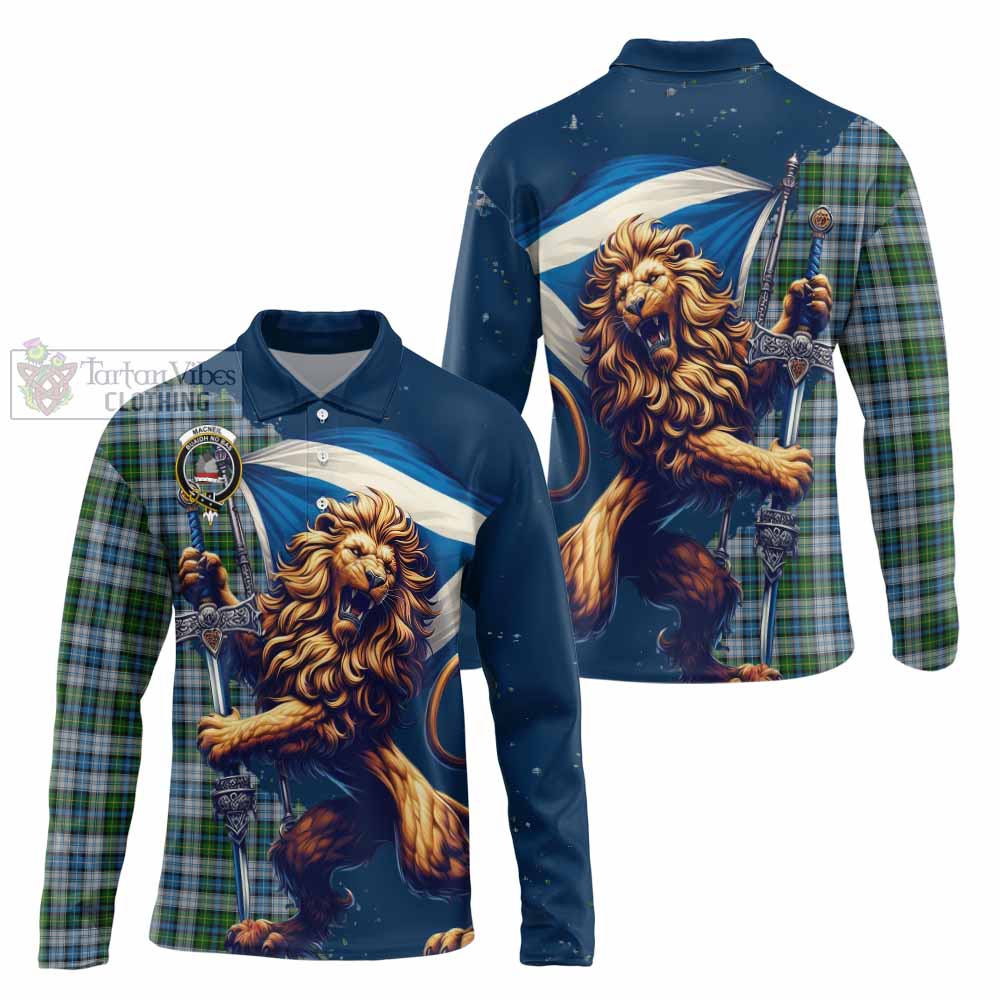 Tartan Vibes Clothing MacNeil (McNeil) Tartan Family Crest Long Sleeve Polo Shirt with Scottish Majestic Lion