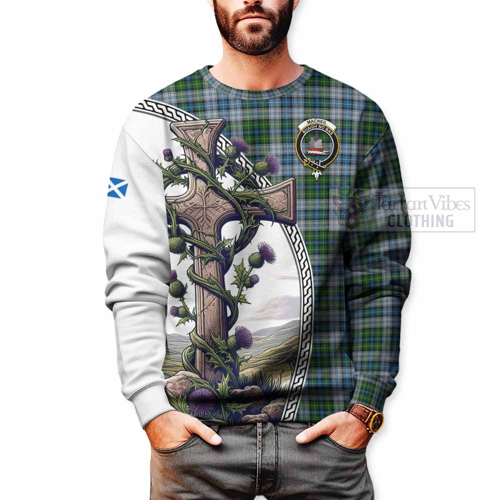 Tartan Vibes Clothing MacNeil (McNeil) Tartan Sweatshirt with Family Crest and St. Andrew's Cross Accented by Thistle Vines