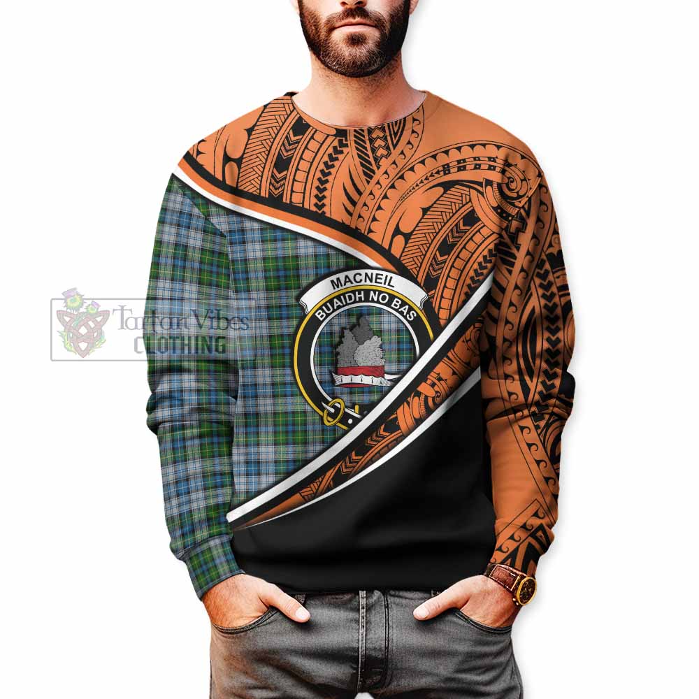 Tartan Vibes Clothing MacNeil (McNeil) Crest Tartan Sweatshirt with Maori Tattoo Style - Orange Version