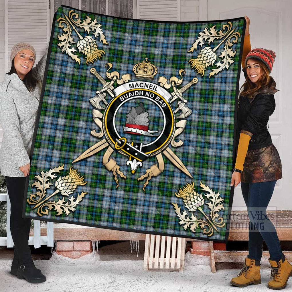 Tartan Vibes Clothing MacNeil (McNeil) Tartan Quilt with Family Crest and Scottish Golden Courage Shield