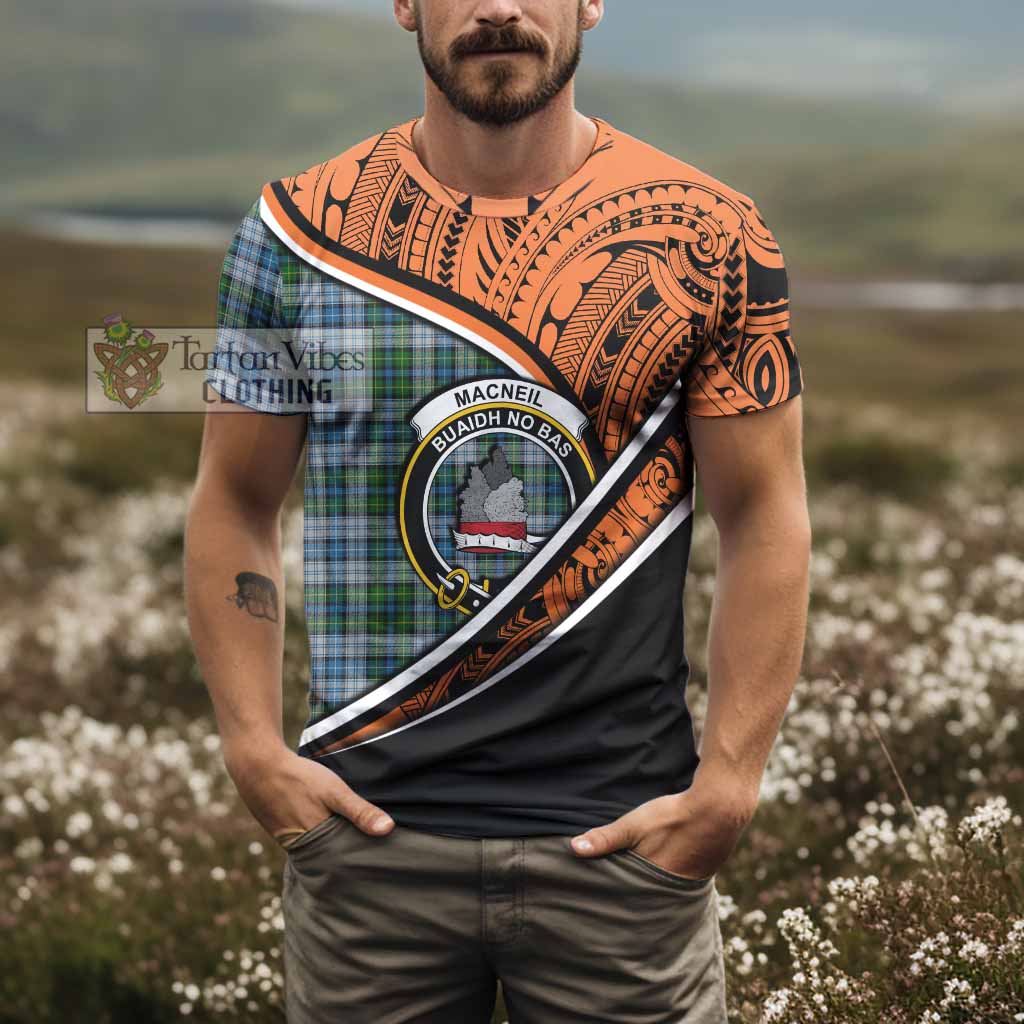 Tartan Vibes Clothing MacNeil (McNeil) Crest Tartan T-Shirt with Maori Tattoo Style - Orange Version