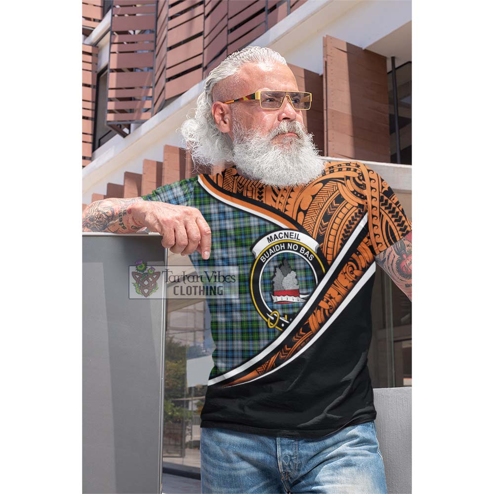 Tartan Vibes Clothing MacNeil (McNeil) Crest Tartan Cotton T-shirt with Maori Tattoo Style - Orange Version