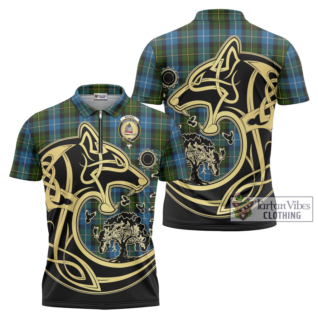 MacNeil of Barra Tartan Zipper Polo Shirt with Family Crest Celtic Wolf Style Unisex - Tartanvibesclothing Shop