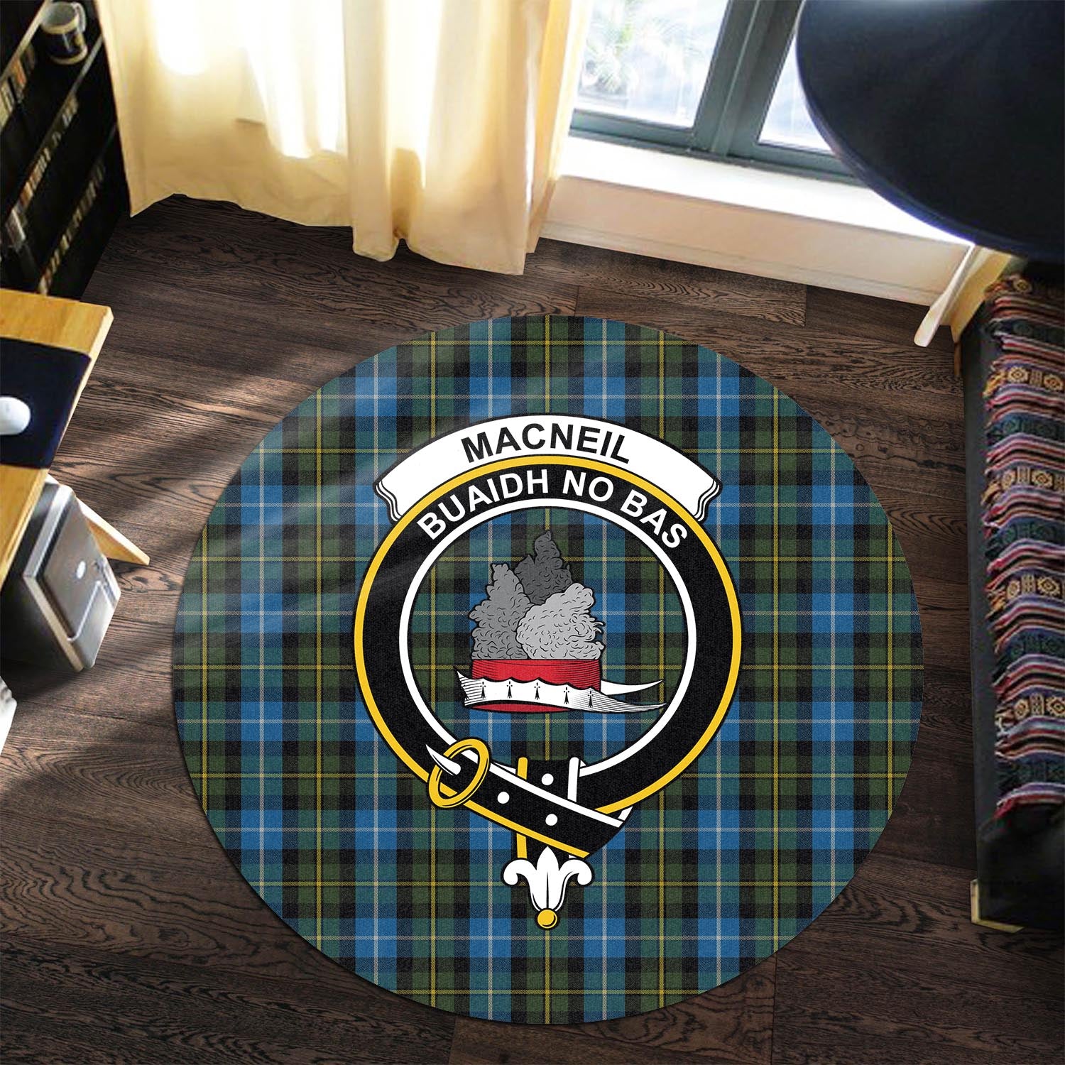 macneil-of-barra-tartan-round-rug-with-family-crest