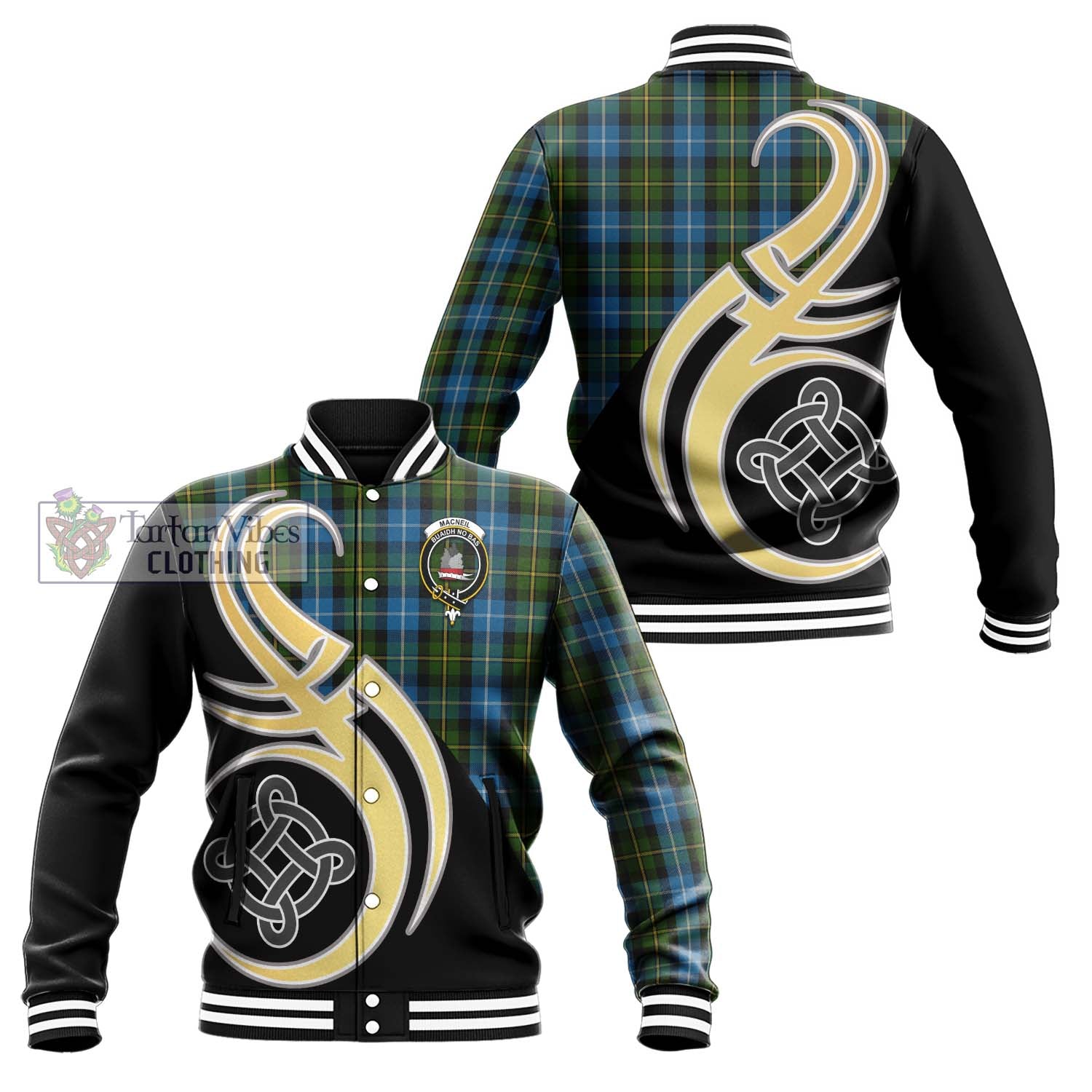 MacNeil of Barra Tartan Baseball Jacket with Family Crest and Celtic Symbol Style Unisex - Tartan Vibes Clothing