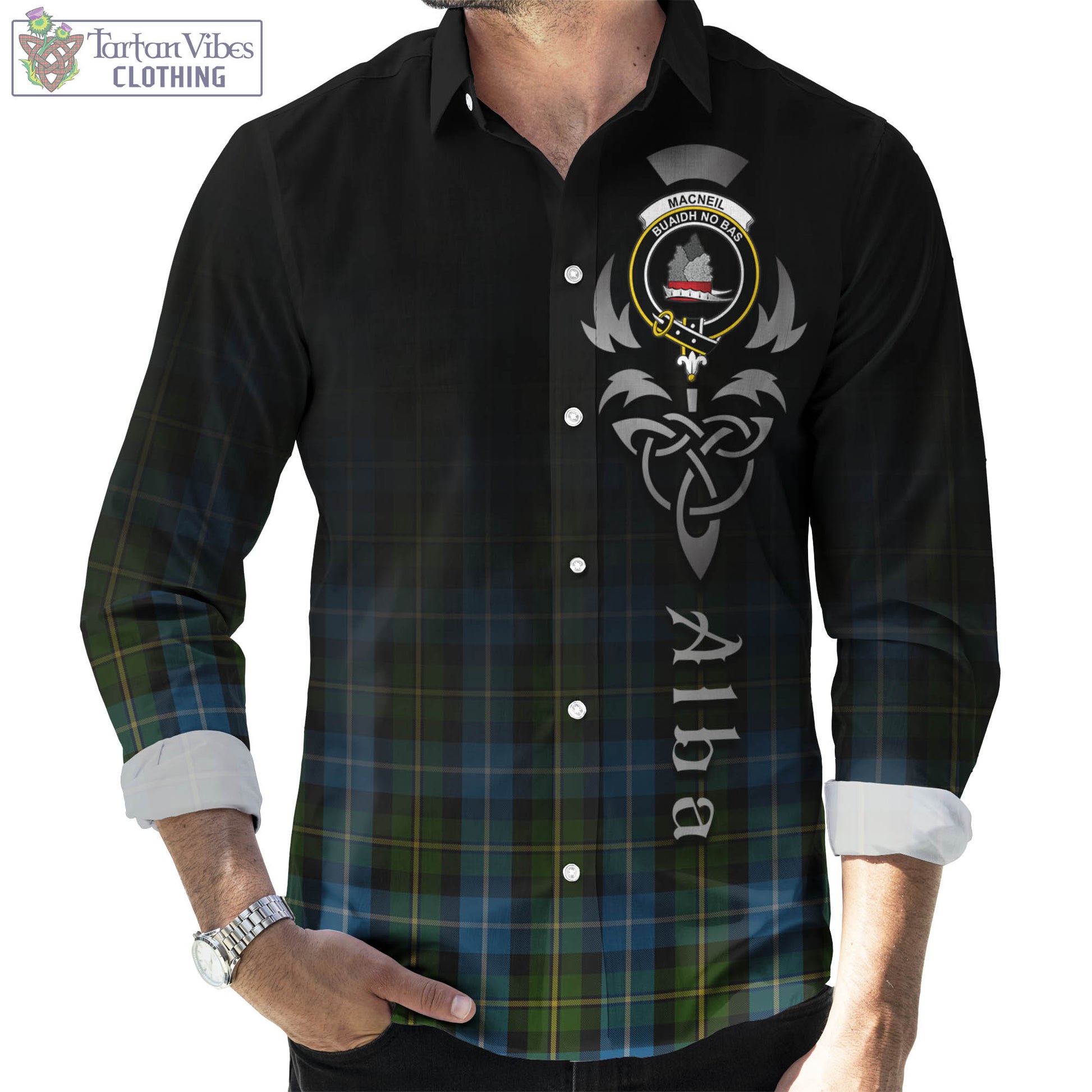 Tartan Vibes Clothing MacNeil of Barra Tartan Long Sleeve Button Up Featuring Alba Gu Brath Family Crest Celtic Inspired