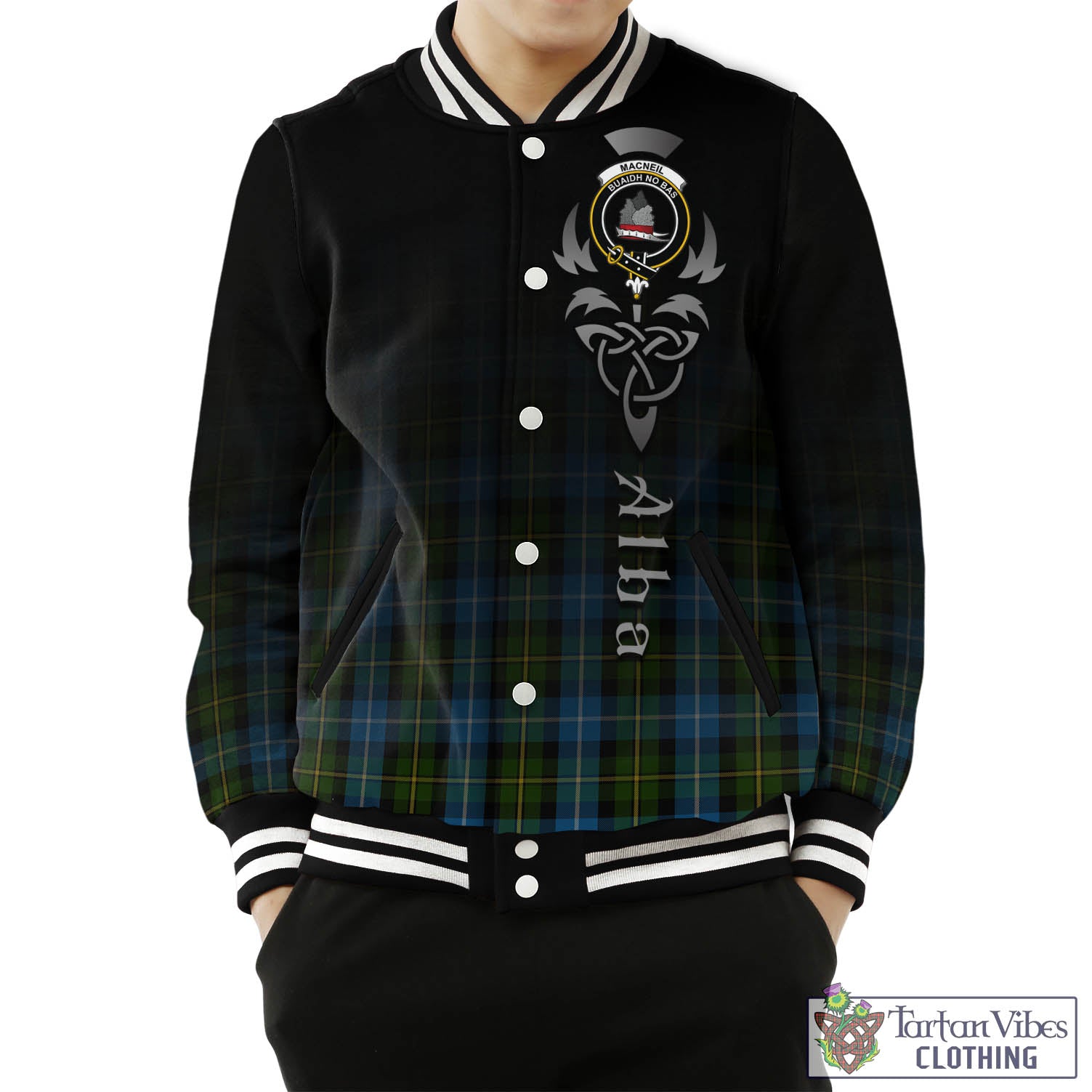 Tartan Vibes Clothing MacNeil of Barra Tartan Baseball Jacket Featuring Alba Gu Brath Family Crest Celtic Inspired