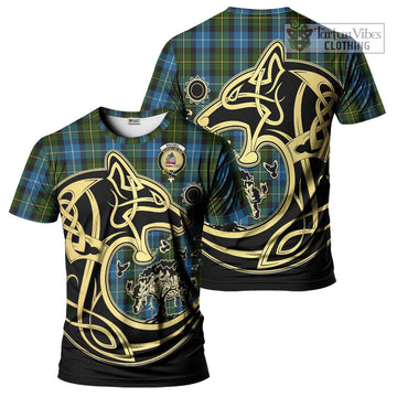 MacNeil of Barra Tartan T-Shirt with Family Crest Celtic Wolf Style